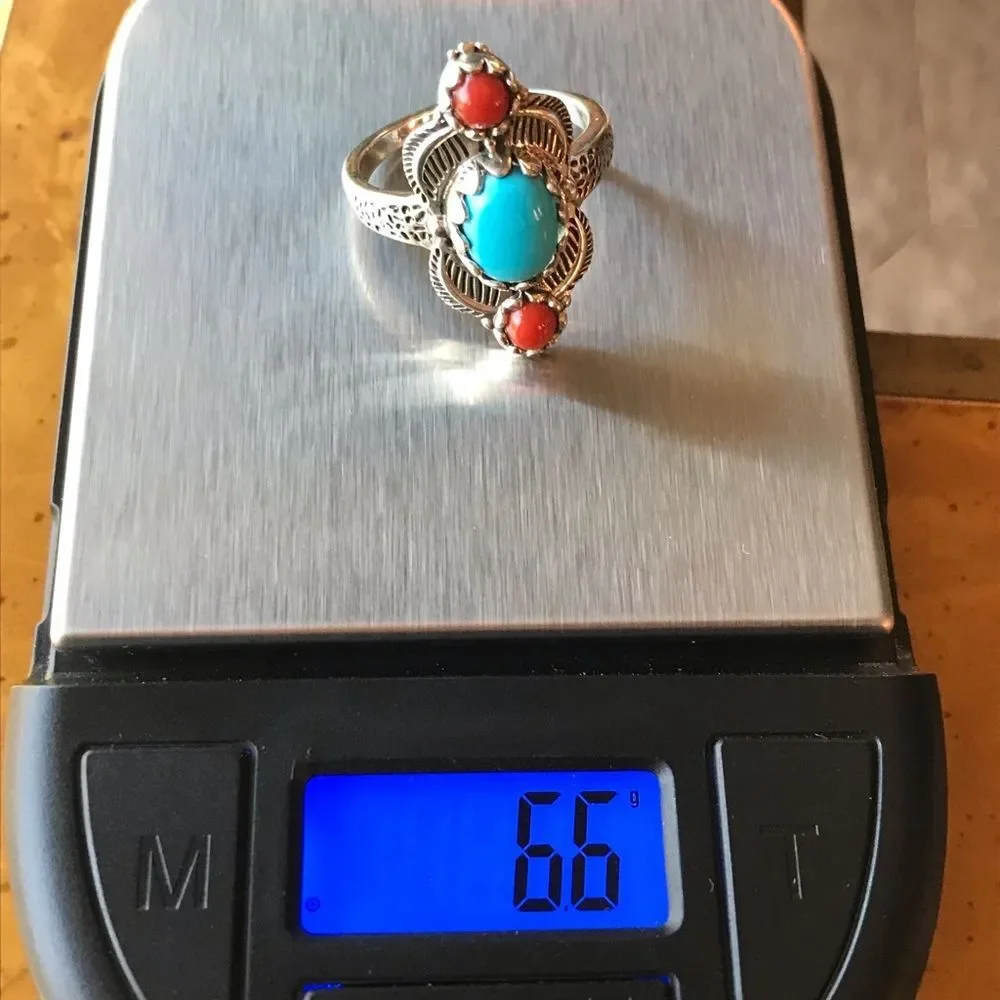 Sleeping Beauty Turquoise Coral Sterling Silver Feather Ring Size 8
